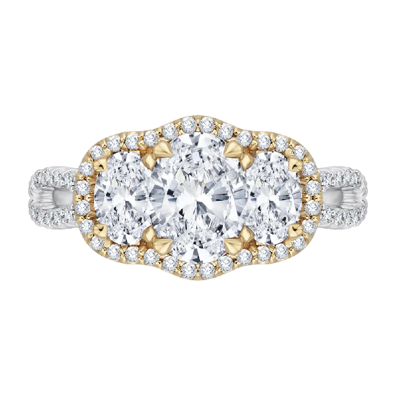 14K Two Tone Gold Oval Cut Diamond Three Stone Halo Engagement Ring (Semi Mount)