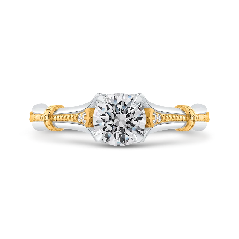 14K Two Tone Gold Round Diamond Floral Engagement Ring