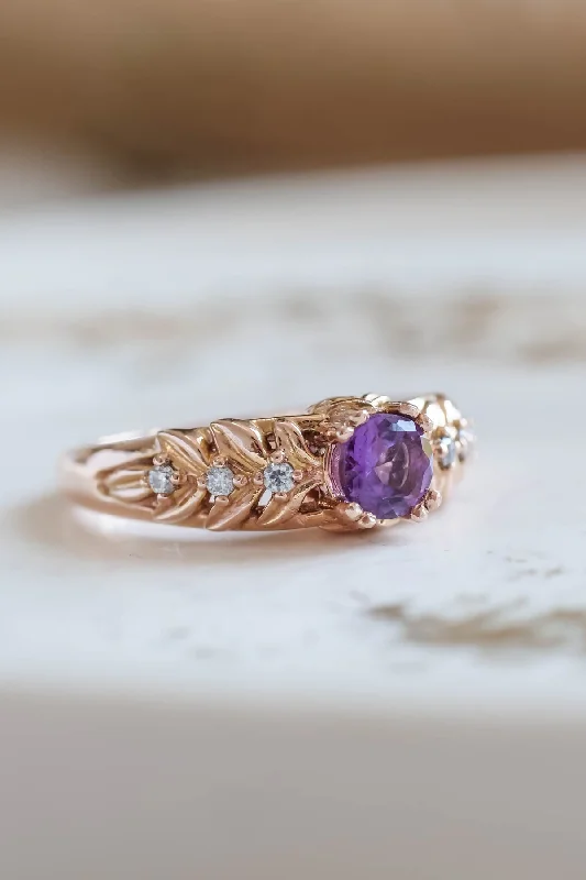 Amethyst leaf engagement ring with diamonds / Silvestra