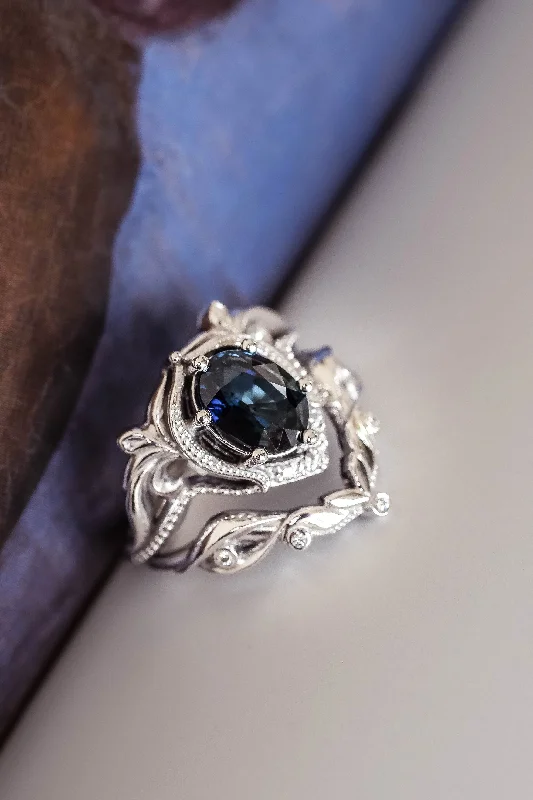 Art nouveau bridal ring set with natural sapphire / Lida oval