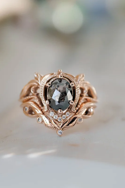 Art nouveau bridal ring set with salt & pepper diamond / Lida oval