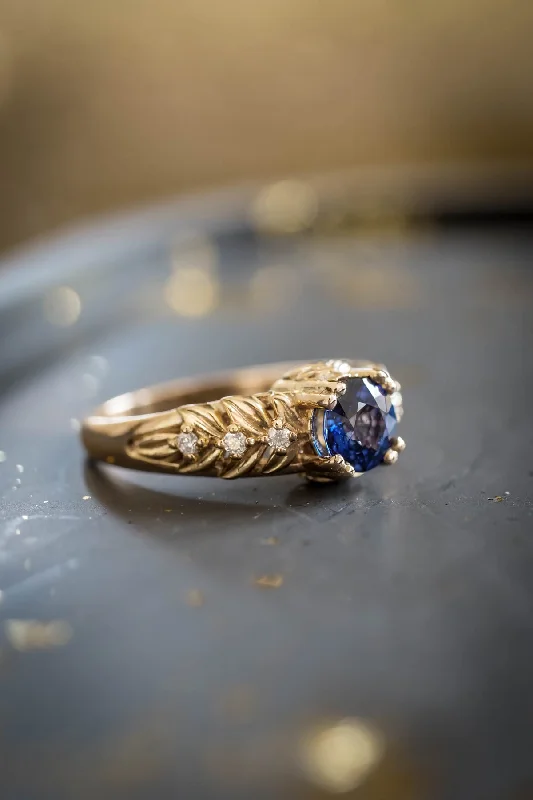 Blue sapphire engagement ring, gold leaf ring with diamonds / Silvestra