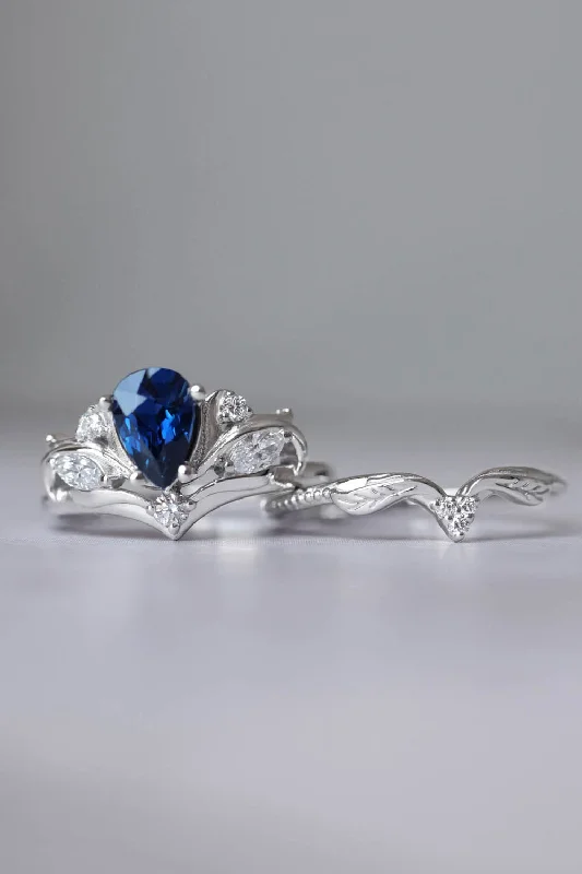 Blue sapphire leaf engagement rings, bridal ring set / Swanlake