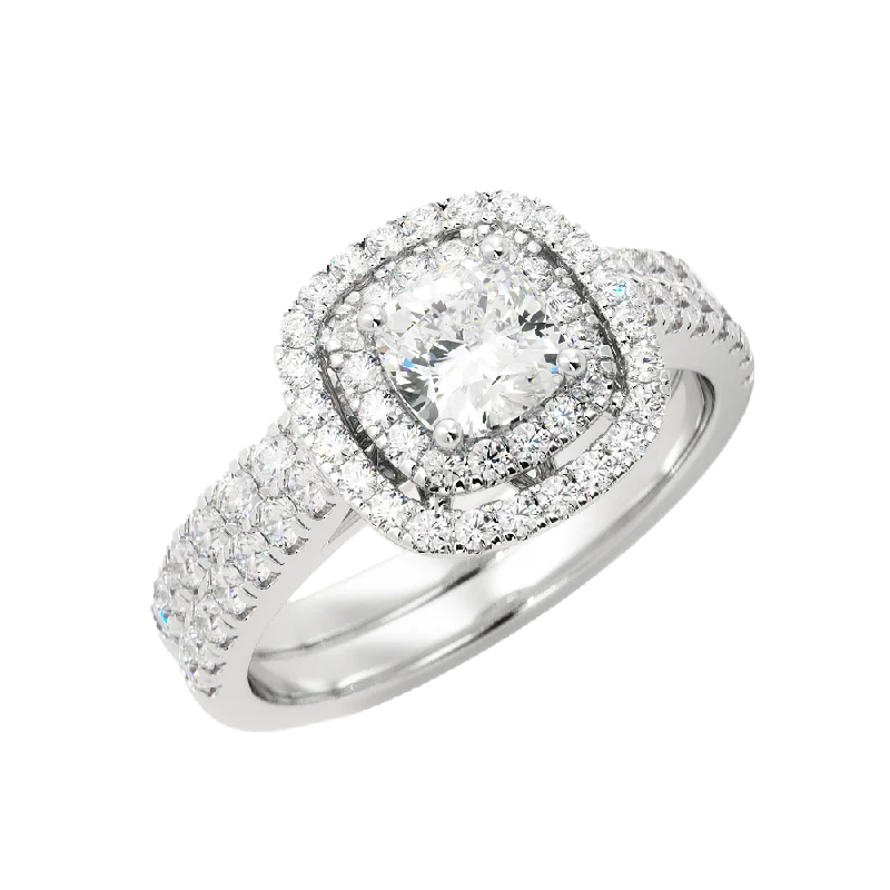 Cushion Cut Diamond Engagement Ring Sparkling Halo Pavé Band