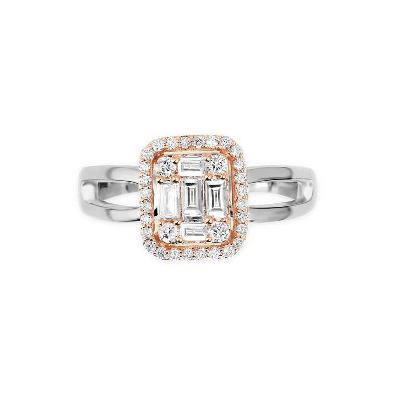 Diamond Baguette Illusion Ring with Halo in Solid 18k Two-Tone White and Rose Gold