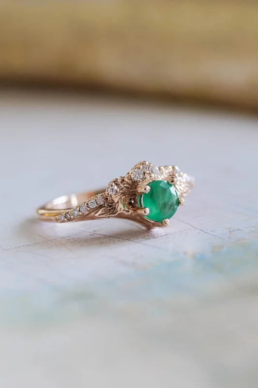 Emerald and diamonds engagement ring, leaf and vine gold ring / Amelia