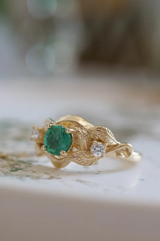 Emerald proposal ring, leaf twig ring with diamonds / Azalea