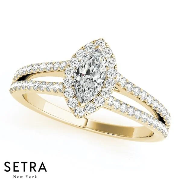 SPLIT SHANK ENGAGEMENT HALO MARQUISE 14K GOLD RING