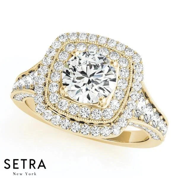 14K GOLD DOUBLE ROW HALO SEMI-MOUNT ENGAGEMENT ROUND CUT DIAMOND RING