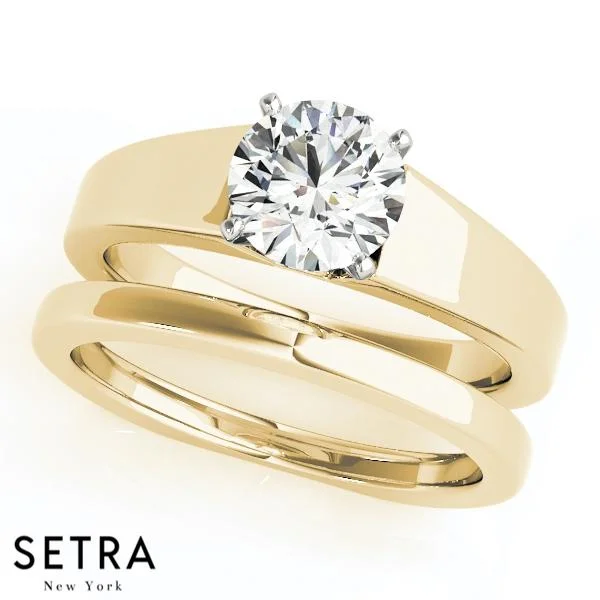 SET OF EUROPEAN SOLITAIRES DIAMOND ENGAGEMENT & BAND 14K GOLD RINGS