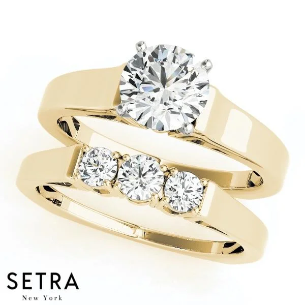 SET OF SOLITAIRES DIAMOND ENGAGEMENT WEDDING BAND 14K GOLD RINGS