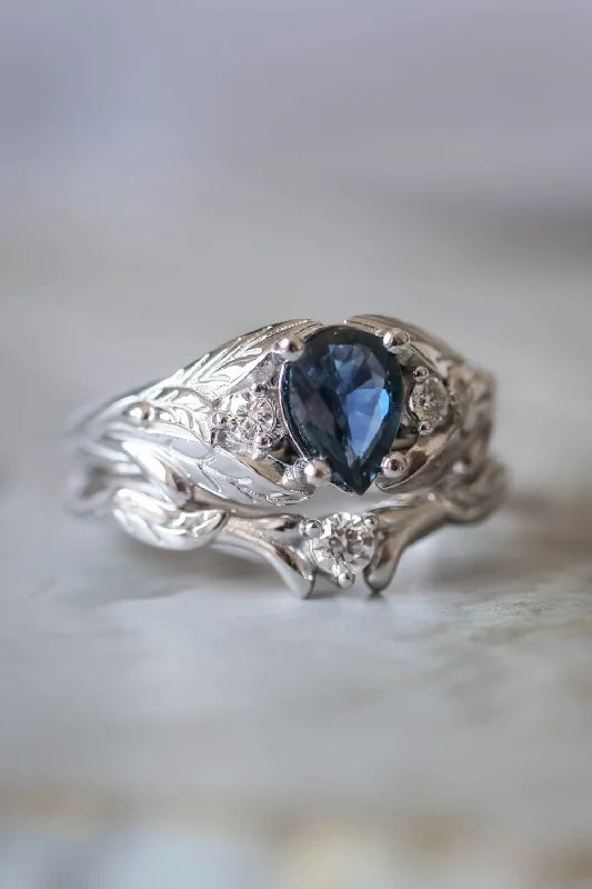 Genuine sapphire bridal ring set, blue sapphire ring  / Wisteria