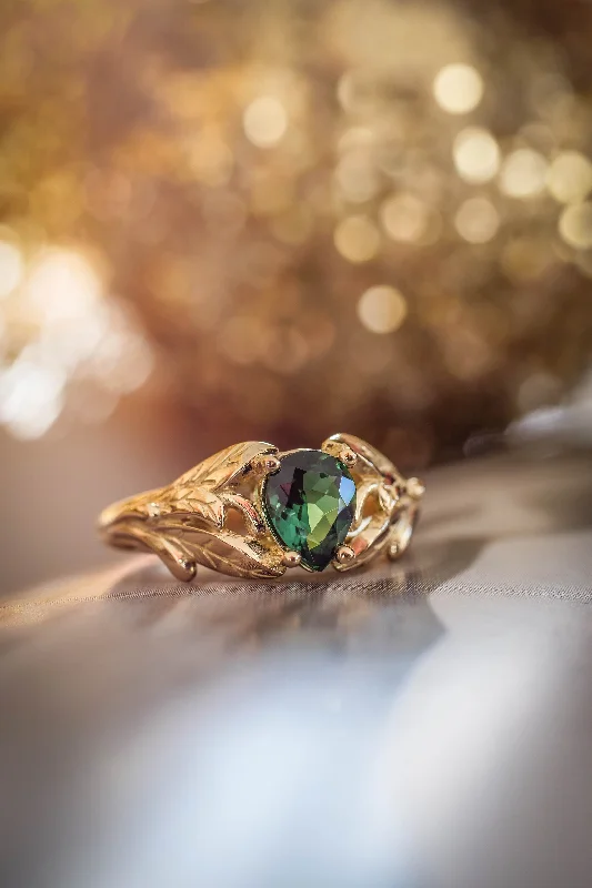 Gold leaf engagement ring with green tourmaline / Wisteria