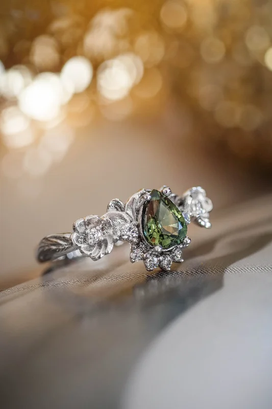 Green sapphire and diamonds ring, flower engagement ring / Adelina