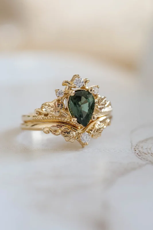 Green sapphire engagement ring set, tiara ring with diamonds / Ariadne