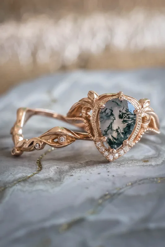 Moss agate engagement ring set, alternative ring set / Lida