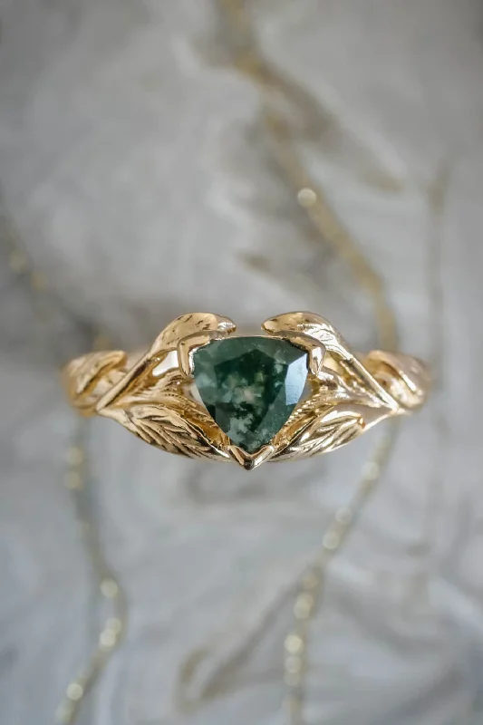 Moss agate engagement ring, trillion cut ring / Clematis