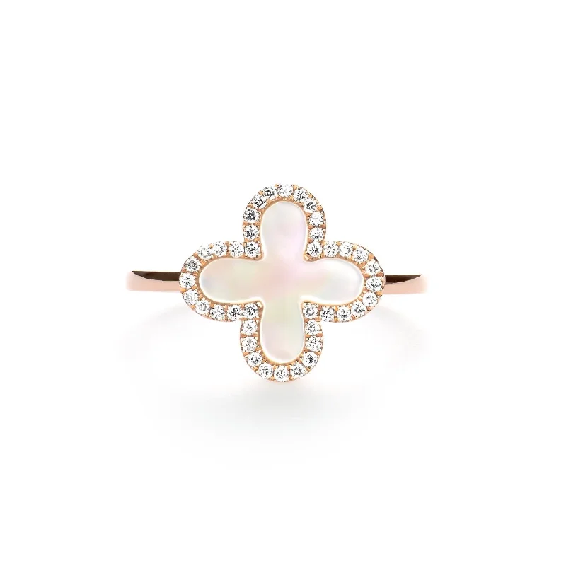 Mother of Pearl Clover with Diamond Halo Ring