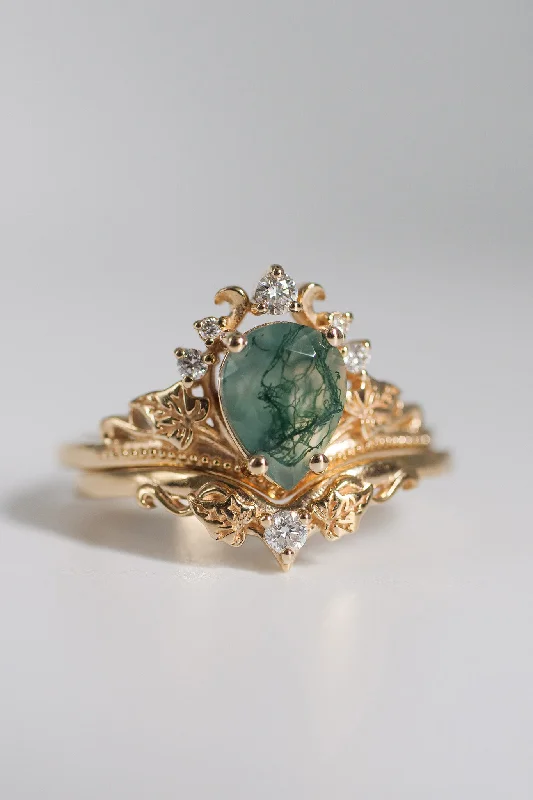 Natural moss agate bridal ring set, alternative engagement ring set / Ariadne