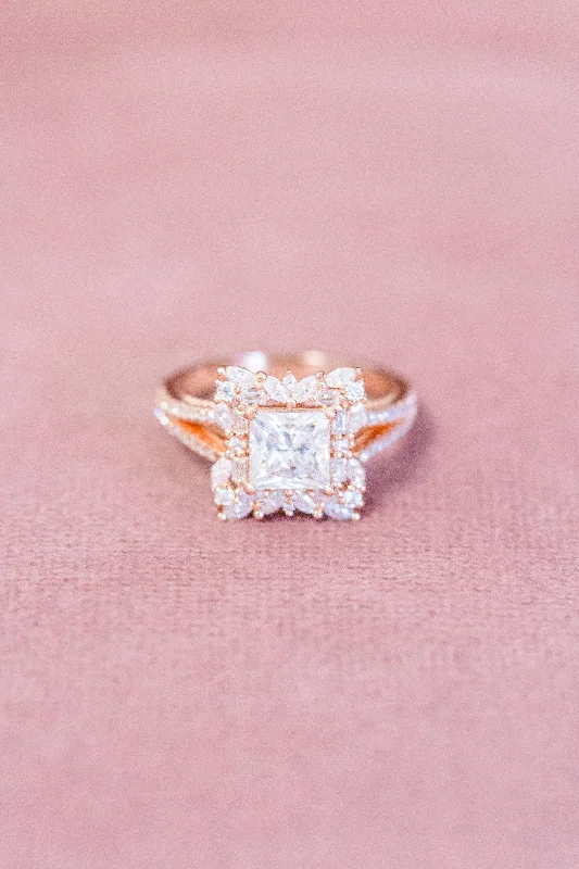 Princess Cut Moissanite Split Pavé Floral Halo Engagement Ring