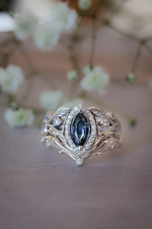 Art nouveau bridal ring set with natural sapphire and diamond halo / Callisto