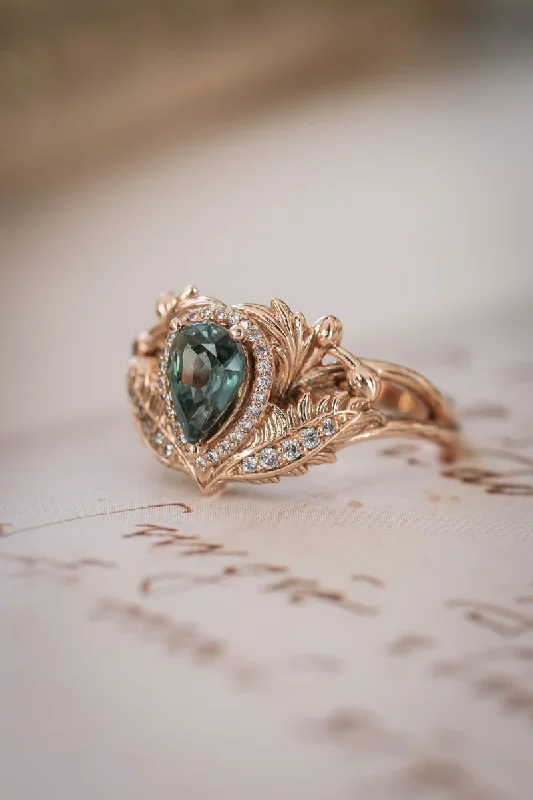 Teal sapphire engagement ring with diamond halo / Adonis halo