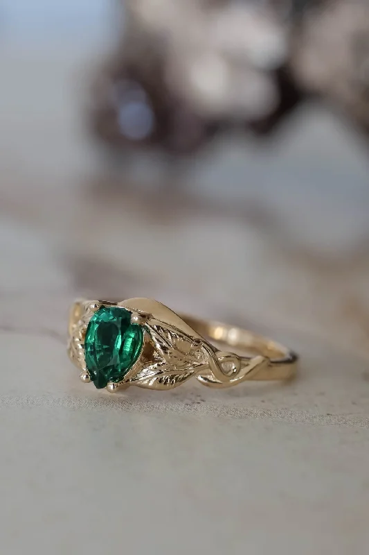 Teardrop emerald engagement ring, gold leaves ring / Azalea