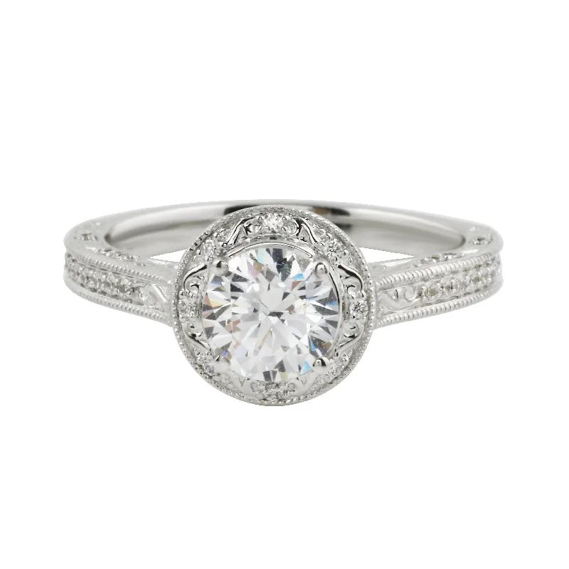 Vintage-Inspired Round Brilliant Cut Diamond Etched Halo Engagement Ring