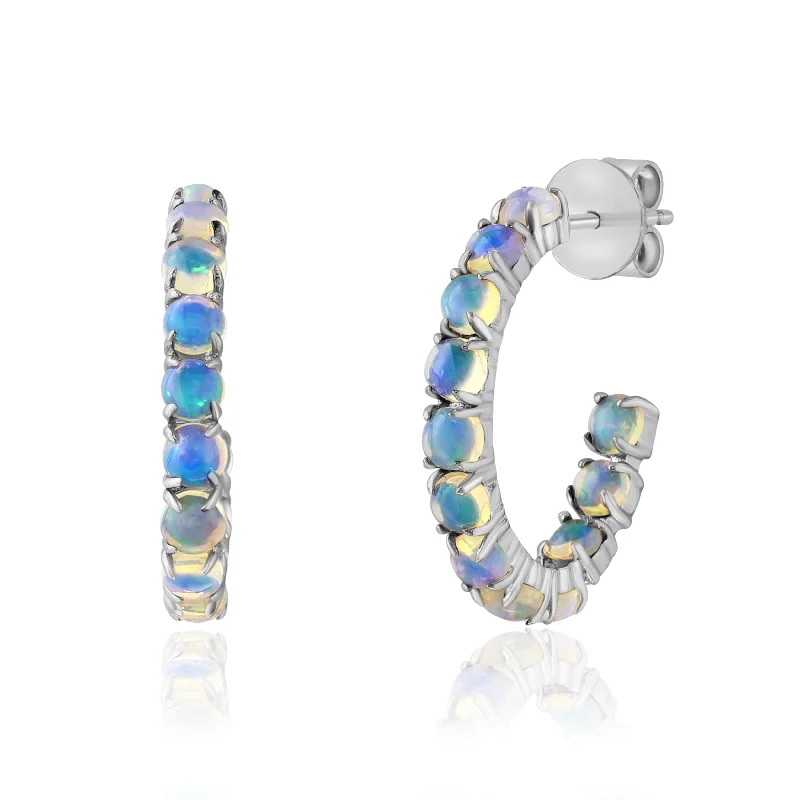 14K White Gold Opal Hoop Earrings