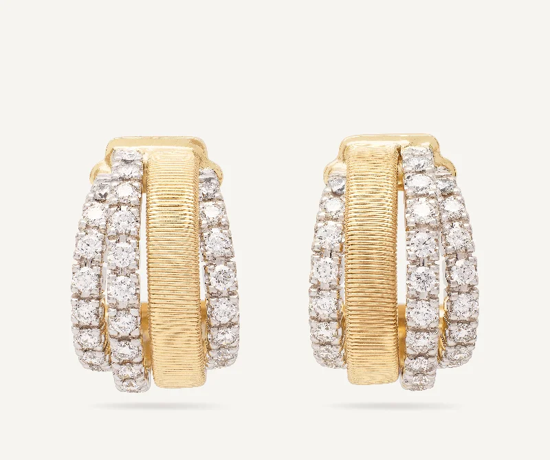 18K Yellow Gold Coil and 3 Row Diamond Huggie Earrings