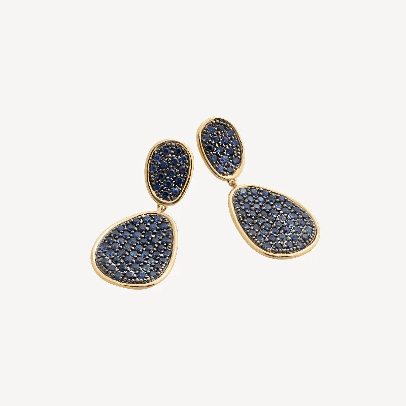 18K Yellow Gold Double Drop Pavé Sapphire Earrings