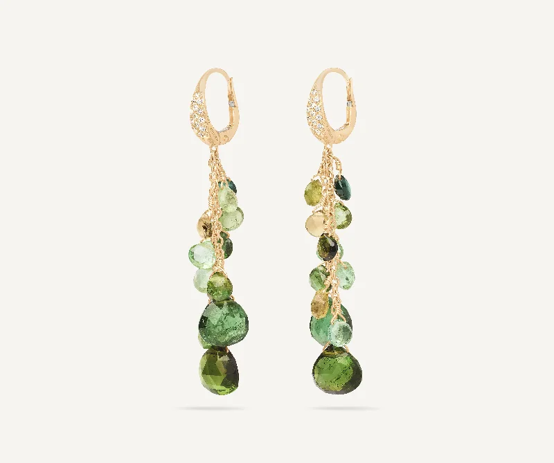 18K Yellow Gold Multi-Strand Green Tourmaline Earrings and Diamond Accent