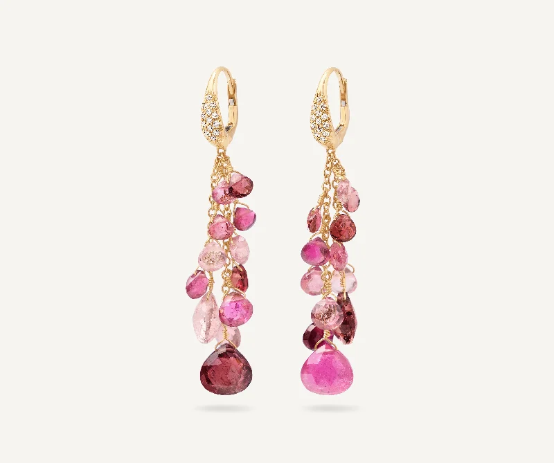 18K Yellow Gold Multi-Strand Pink Tourmalines Earrings and Diamond Accent