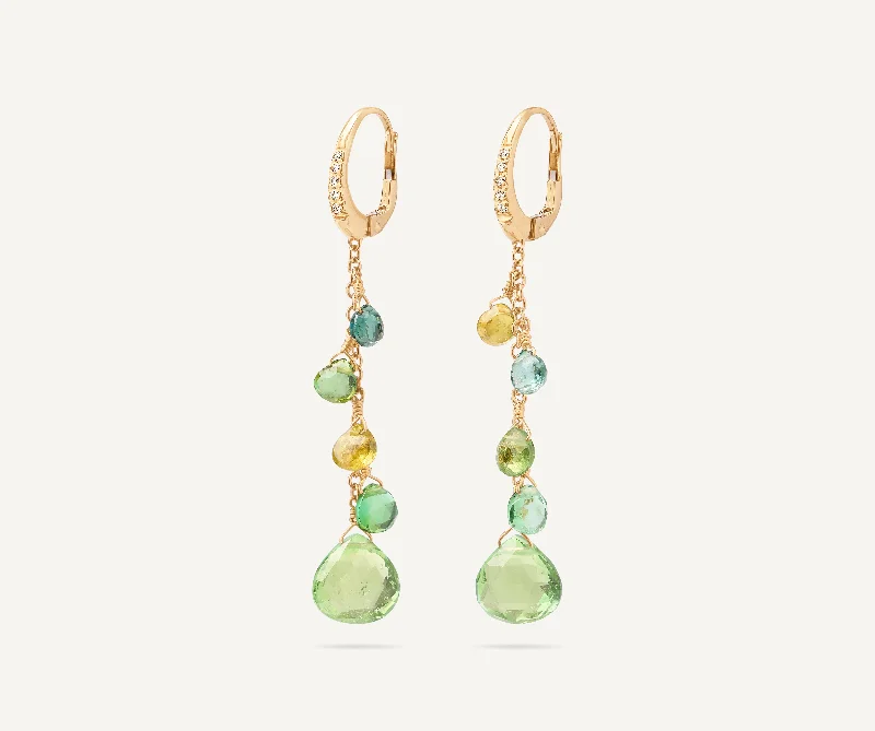 18K Yellow Gold Single-Strand Green Tourmaline Earrings and Diamond Accent