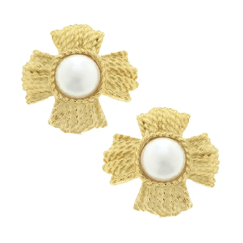 Braided Cross Pearl Studs