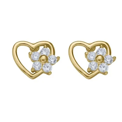 Children Cubic Zirconia Flower Heart Earrings in 14kt Yellow Gold