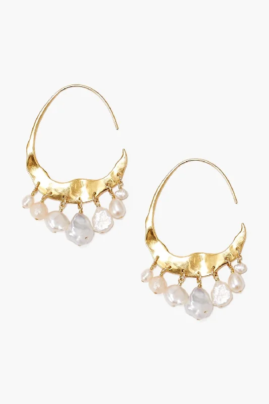 Crescent White Pearl and Gold Hoop Earrings