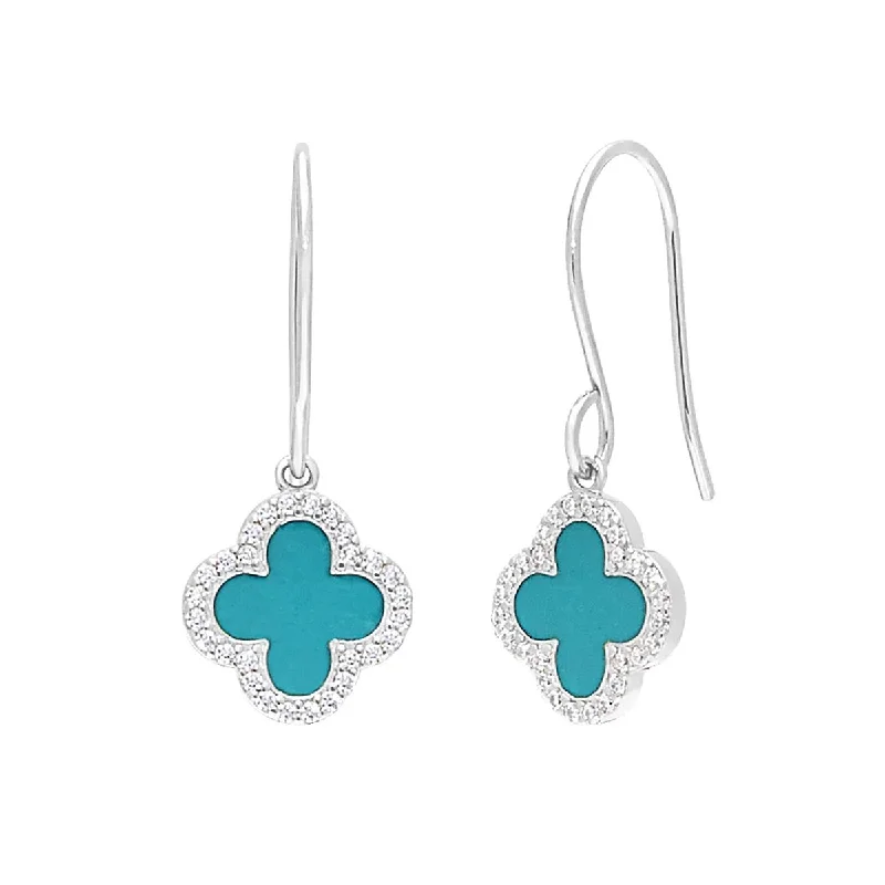 Cubic Zirconia and Turquoise Enamel Clover Earring in Sterling Silver