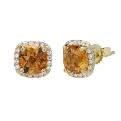 Cushion Cut Citrine Earrings in 14kt Yellow Gold with Diamonds (1/7ct tw)