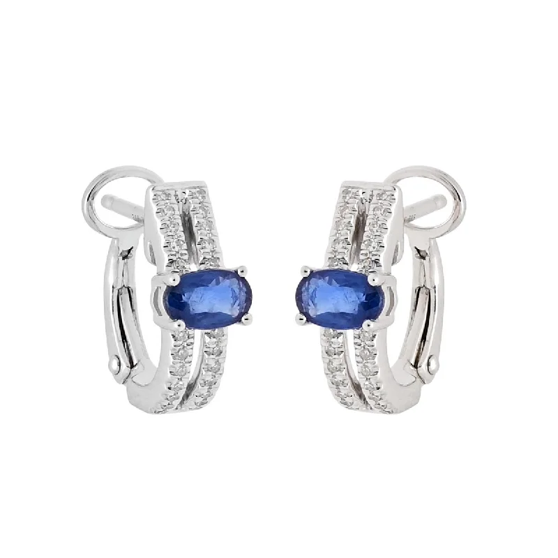 Dabakarov Oval Sapphire Hoop Earrings in 14kt White Gold with Diamonds (1/10ct tw)