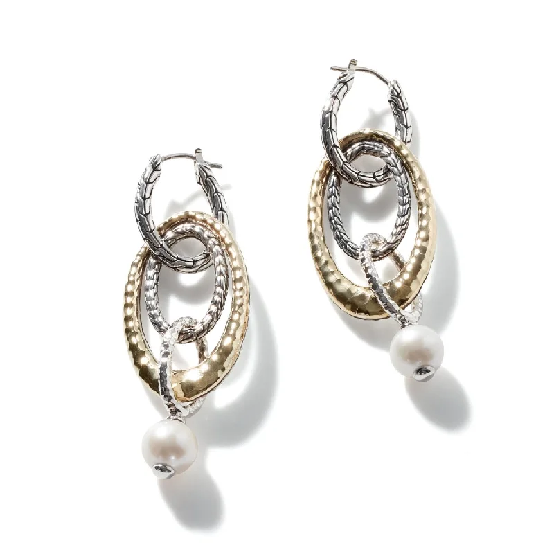 John Hardy Classic Chain Collection Palu Transformable Cultured Freshwater Pearl Earrings in Sterling Silver and 18kt Yellow Gold