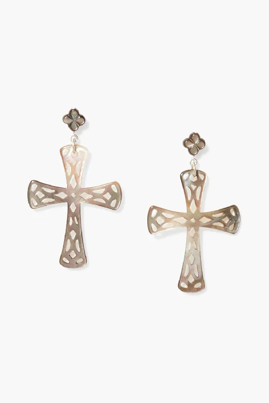 Lourdes Cross Earrings Black MOP