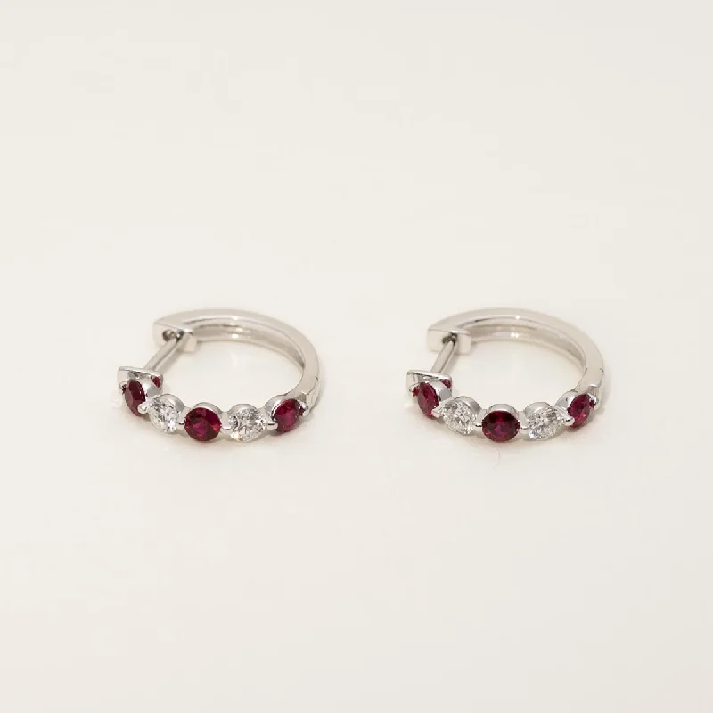 Ruby Hoop Earrings in 14kt White Gold with Diamonds (1/3ct tw)