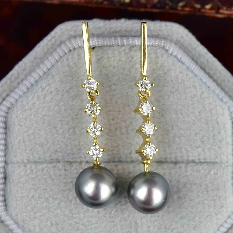 Fine 14K Gold Diamond Gray Pearl Dangle Earrings