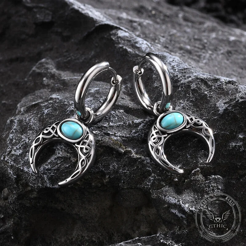 Vintage Turquoise Moon Stainless Steel Hoop Earrings