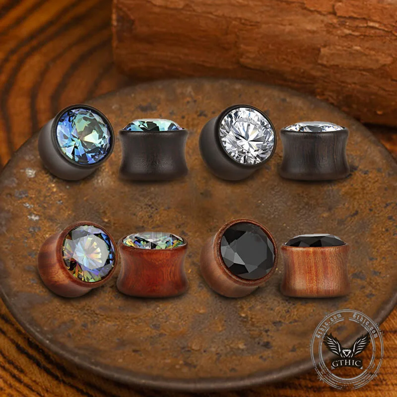 Wooden Inlaid Zircon Stone Ear Gauges