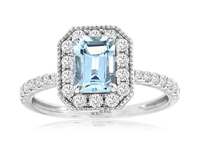 14K White Gold Aquamarine and Diamond Halo Ring