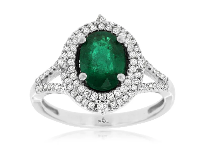 14K White Gold Emerald and Double Diamond Halo Ring