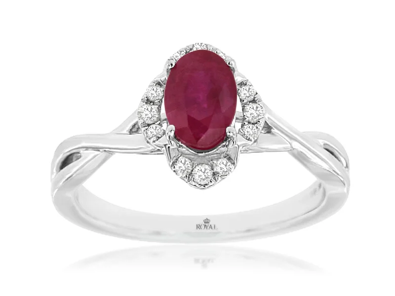 14K White Gold Ruby and Diamond Halo Ring