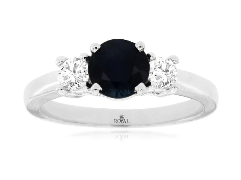 14K White Gold Sapphire and Diamond Three-Stone Ring